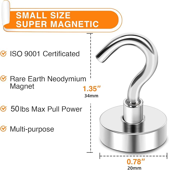 MIKEDE Magnetic Hooks 50Lbs+ Heavy Duty Magnet Hook for Cruise Cabins | Super Neodymium Hanging Hooks Strong Magnets with Hook for Fridge Magnetic Hanger for Grill Toolbox Storage Pack of 4