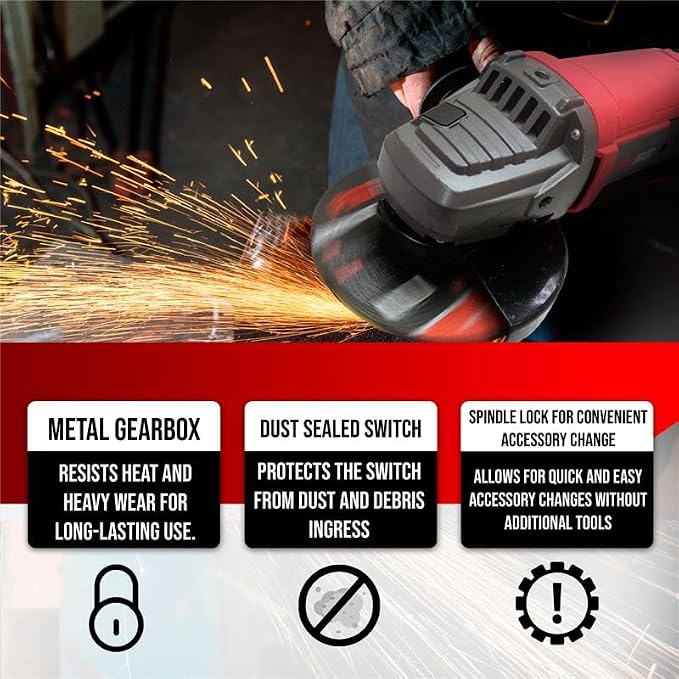 PROMAKER 7 inch Angle Grinder, 17.2 AMP, 8400 RPM, Industrial Electric Angle Grinder with 2 Extra Carbon Brushes, Built for Heavy-Duty Tasks and Professional Performance, 2 Years Warranty.