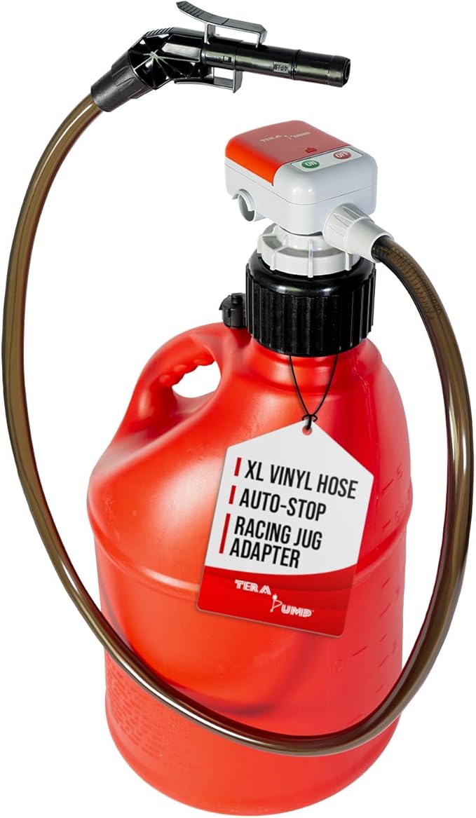 TERA PUMP 2nd Gen Gas Can Fuel Transfer Pump, Auto-Stop | Universal Spout Replacement, XL Intake Hose, For Gasoline, Diesel & Kerosene