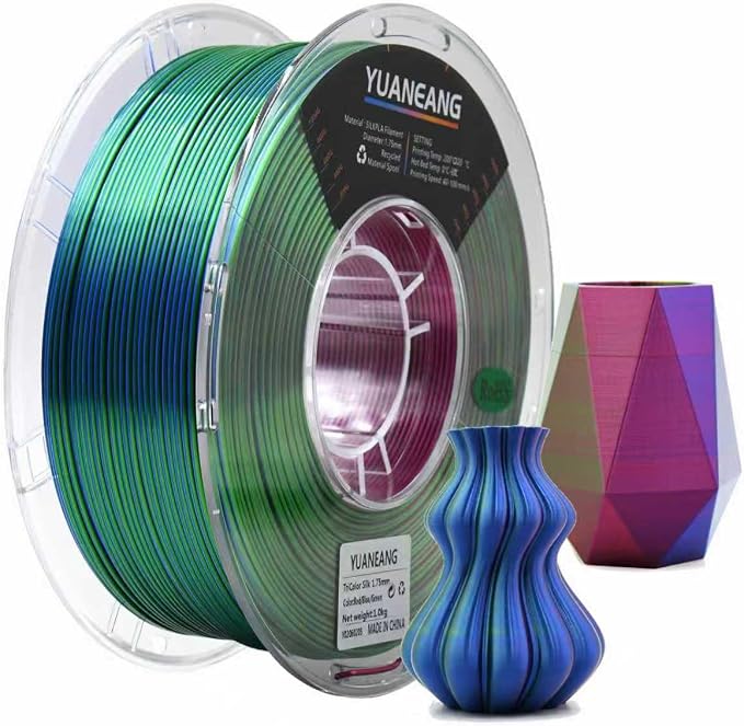 Silk Triple-Color PLA Filament 1.75mm Red-Green-Blue, ±0.03mm Precision, 1kg Spool (2.2 lbs), Smooth Multi-Tone Gradient PLA, Neatly Wound & Compatible with Most 3D Printers