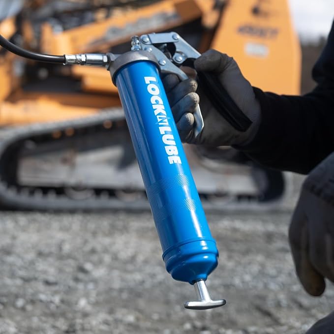 LockNLube Heavy-Duty Pistol Grip Grease Gun with our patented LockNLube® Locking Grease Coupler, 20" Hose, Inline Swivel, Rated 10,000 PSI