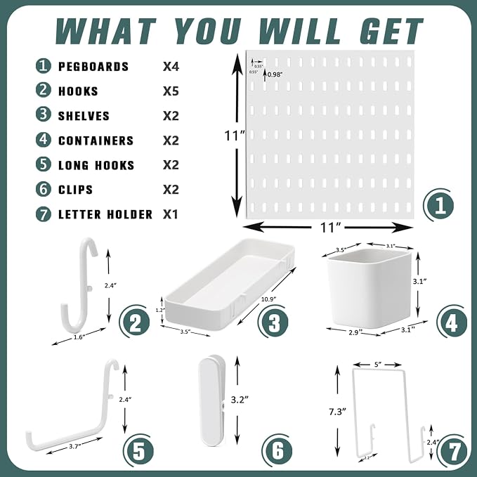 MULSAME Pegboard Combination Kit, Wall Mounted Storage Set with 4 Pegboards & 14 Accessories Hanging, White Peg Boards Organizer for Walls Display, Crafts Organization, Kitchen Organizer, 22" x 22"
