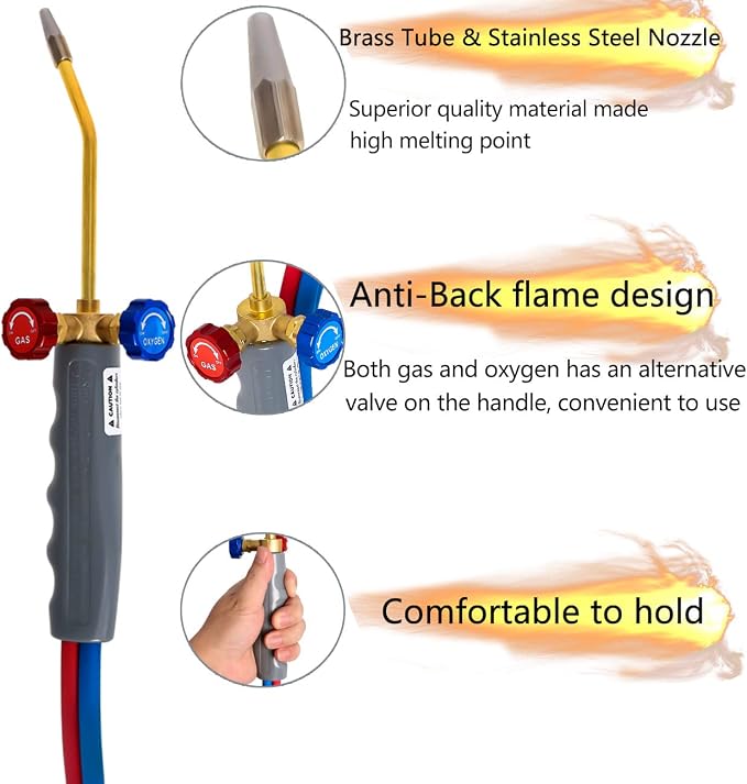 Brazing Torch Kit Compatible with MAPP Cutting Torch Propane, Update Brass Pressure Meter with Portable Cylinder Metal Stand for Heating, Glass Blowing,Soldering, Jewelry HVAC Welding Torch kit