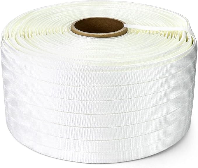 QWORK 3/4" x 1640' Woven Cord Strapping Roll, Heavy Duty Polyethylene Braided Rope Strap Roll, 1830 lb Strong Break Strength 6" x 3" Core, Strength and Flexibility, White