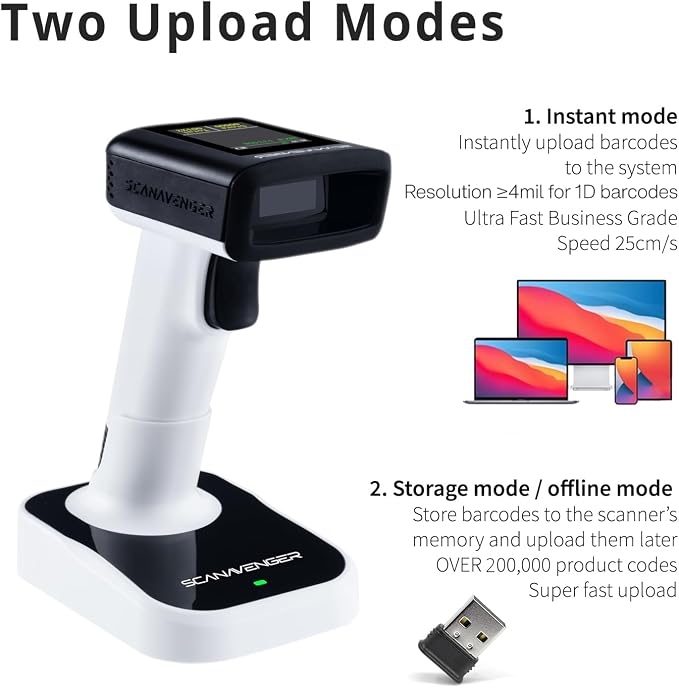 ScanAvenger Wireless Portable 1D with Stand Bluetooth Barcode Scanner: Hand Scanner 3-in-1, Cordless, Rechargeable Scan Gun for Inventory (1D&2D with LCD Display and Upgraded Next Gen Stand)