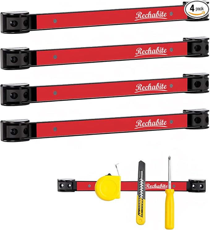 4 Pieces 12" Magnetic Tool Holder Strip, Red Magnet Bar, Metal Tool Organizer Rack for Garage Organization, Easy To Install in Workshop, Mounting Screws Included
