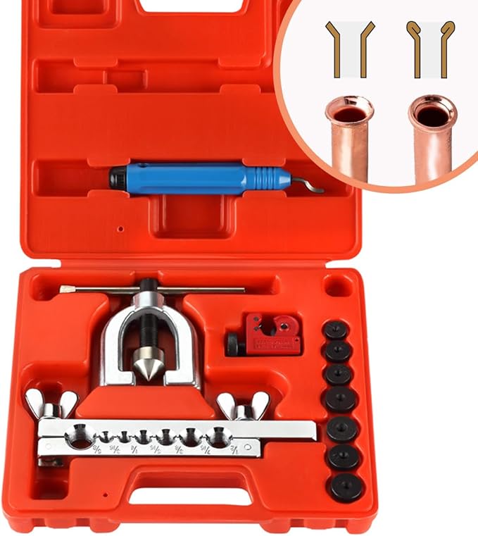 Wostore Double Flaring Tool Kit for 45° Single Double Flares with 7 Adapters, Brake Flare Tool with Tube Cutter Deburring Tool for Copper Brake Line, Hydraulic System, Copper Tubing Flare Kit