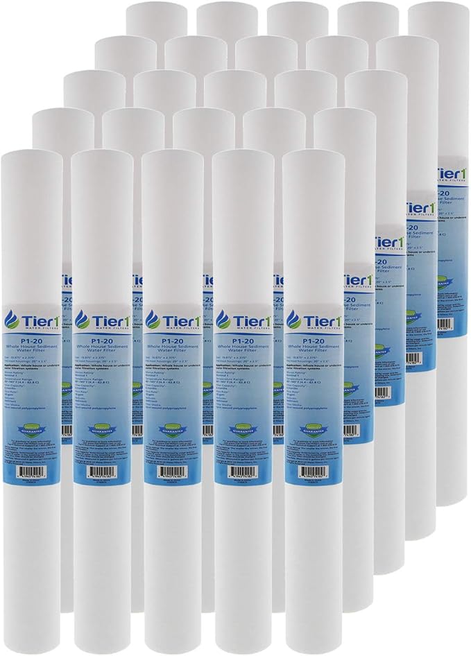 Tier1 1 Micron 20 x 2.5 Whole House Water Filter | Spun Wound Polypropylene Sediment Depth Filtration | Replacement for Pentek P1-20, SP-P1-20, PX01-20 | 2.5 x 20 Water Filter Cartridge (25 Pack)
