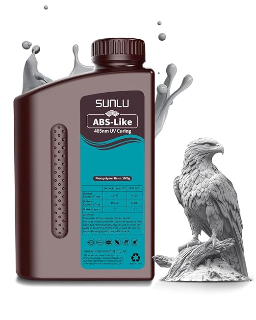 SUNLU 1000G ABS Like Resin for 3D Printer, 405nm UV Curing Photopolymer Rapid 3D Resin for 2K 4K 6K 8K LCD/DLP/SLA 3D Printers, Non-Brittle & High Precision & Low Shrinkage, 1KG, Grey