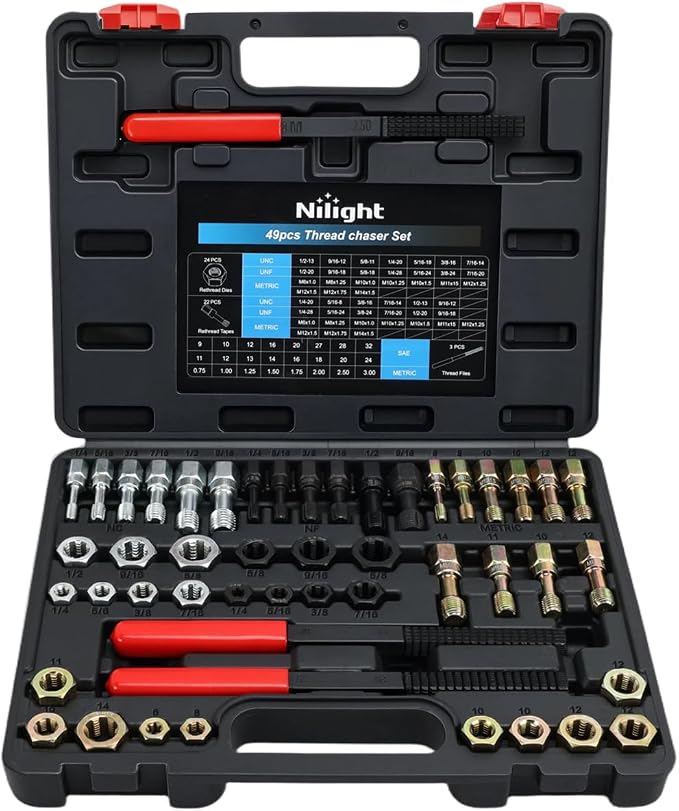 Nilight 49PCS Thread Chaser Set SAE Metric Master Thread Repair Kit with Case 22 Taps 24 Dies 3 Thread Files Universal UNC UNF Sizes Automotive Tool for Mechanics Auto Shops Home Garage Repair