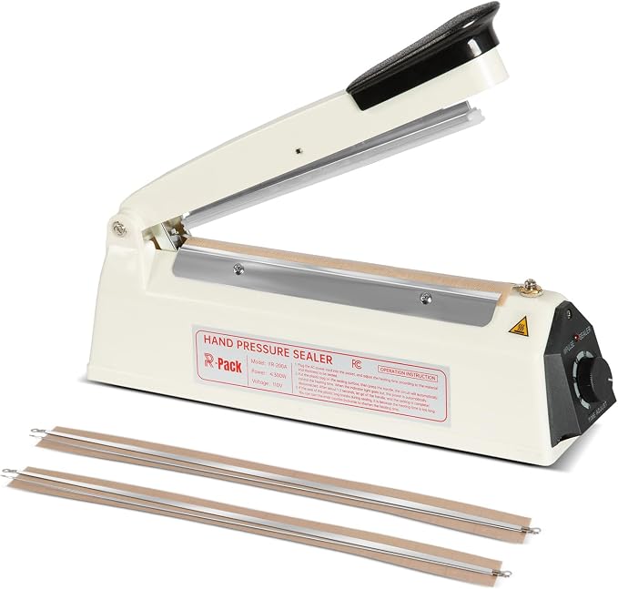 Impulse Heat Sealer with Seal bar, Heavy-Duty Bag Sealing & Cutting Machine, 2 Extra Replacements (white, 8inch)
