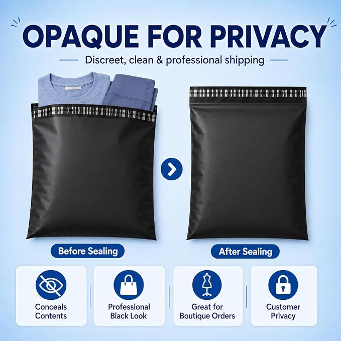 Fuxury Poly Mailers 10x13 Inch 50Pcs, Waterproof Shipping Bags for Clothing | Strong Adhesive Shipping Envelopes for Small Business Suppliers, Self Seal Mailers Poly Bags Mailing Envelopes Black