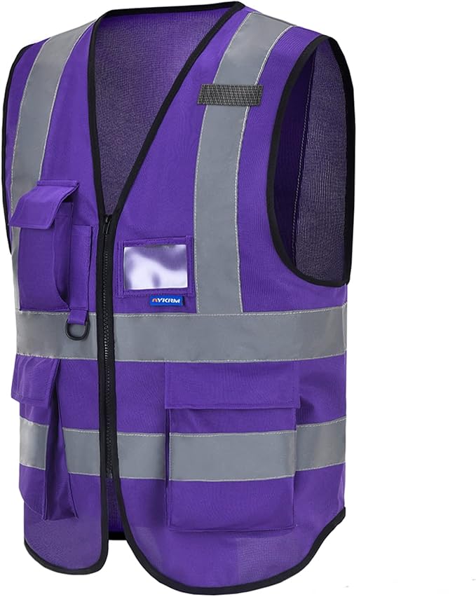 A-SAFETY High Visibility Reflective Vest with 7 Pockets, Zipper, Purple, M | Purple M work vest with reinforced pockets, clear ID holder and mic tabs for laboratory safety and specialty contractors.