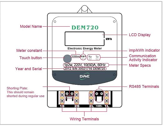 DAE DEM720-1P Electric kWh Submeter, RS485, 1P2W(1 Hot wire, 1 Neutral), 120v, 50A, Internal CT