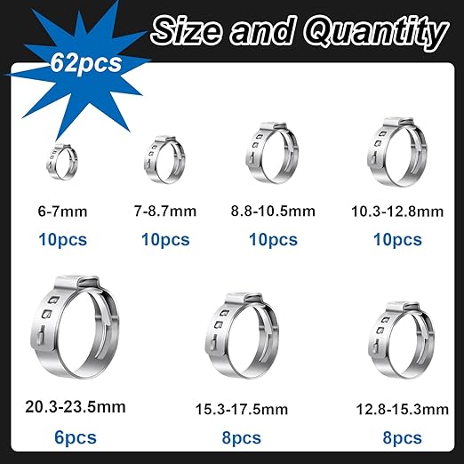 62Pcs 7 Sizes 304 Stainless Steel Single Ear Hose Clamps 6-23.5mm Crimp Hose Clamps Assortment Kit Perfect for Automotive/Home Appliance/Water Pipe and Fuel Line