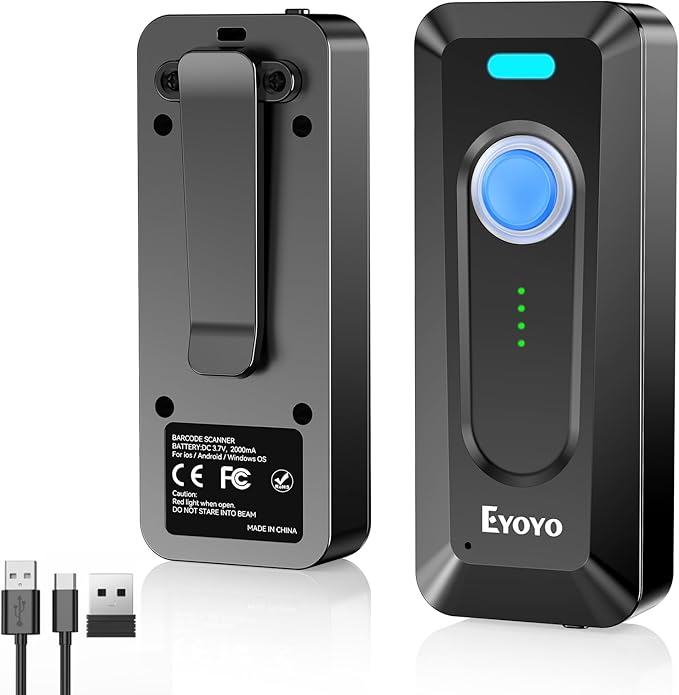Eyoyo 2D Bluetooth Barcode Scanner: Portable QR Scanner with Clip, 2000mAh Battery with Level Indicator, Mini Bar Code Reader for Library Book Inventory Compatible with iPhone, iPad, Android Phone