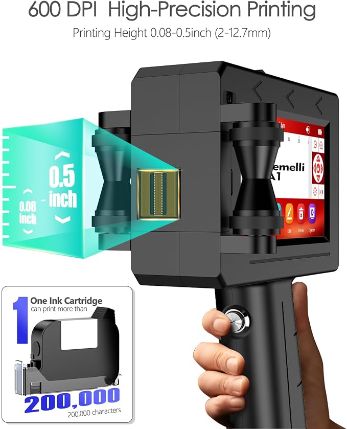A1 Handheld Inkjet Printer Gun,0.5 Inch Portable Handheld Ink jet Printer Gun with 42ml Quick-Drying Ink Inkjet Coding Machine for Expiry Date/Batch Number/Text/Logo/QR Code/Barcode/Serial Number