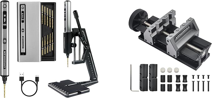 AM ARROWMAX 5-Speed Mini Electric Drill Pen with Benchtop Drill Press & AM ARROWMAX Precision Double-Ended Mini Bench Vise