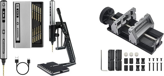 AM ARROWMAX 5-Speed Mini Electric Drill Pen with Benchtop Drill Press & AM ARROWMAX Precision Double-Ended Mini Bench Vise