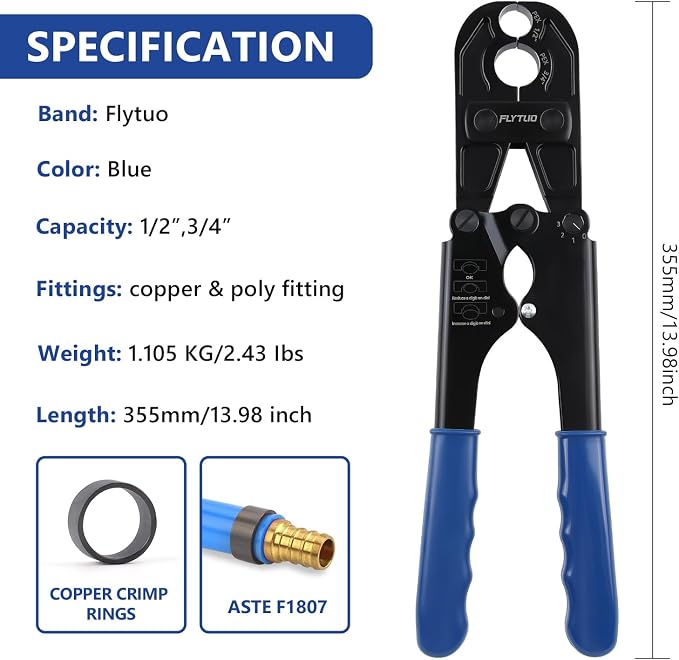 1/2" & 3/4" Combo PEX Crimping Tool for Copper Crimp Rings | with Go/No-Go Gauge, ASTM F1807 Standard Compliant