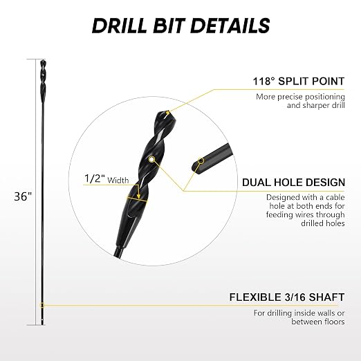 36" High-Speed Steel Installer Drill Bit for Pulling Wires & Drilling Nails in Walls, Ceilings, Sidewalks, 1/2" Cutting Head, 118° Split Point, 3/16" 3-Flat Shank for Wood, with Storage Tube