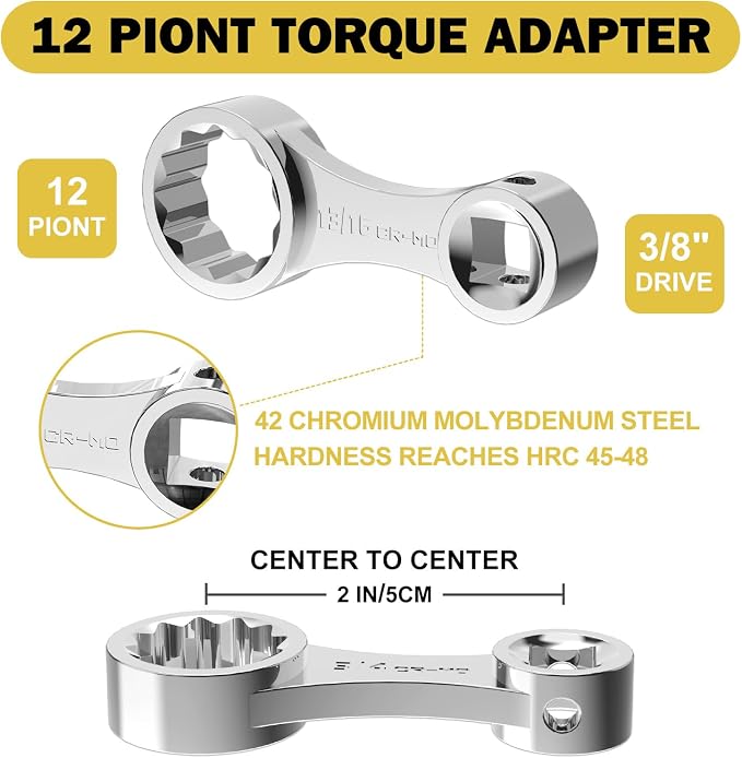 ANPUDS 12 Pcs SAE Torque Adapter Set, 5/16"-7/8", 3/8" 12-Point Extension | Cr-Mo Steel, 1/2''+1/4'' + Bit Adapter, Torque Wrench Adapter, for Engine Bay, Brake, Suspension, Motorcycle & Tight Access