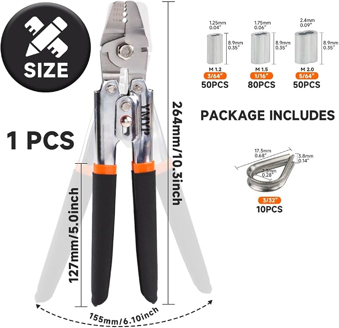 Up to 2.2mm Wire Rope Crimping Tool with 180 Pcs Sleeves & 10 Pcs Stainless Steel Thimbles Kit, 3 Sizes Aluminum Double Barrel Ferrule, Swaging Tool for Fishing Lines with Cutting Function