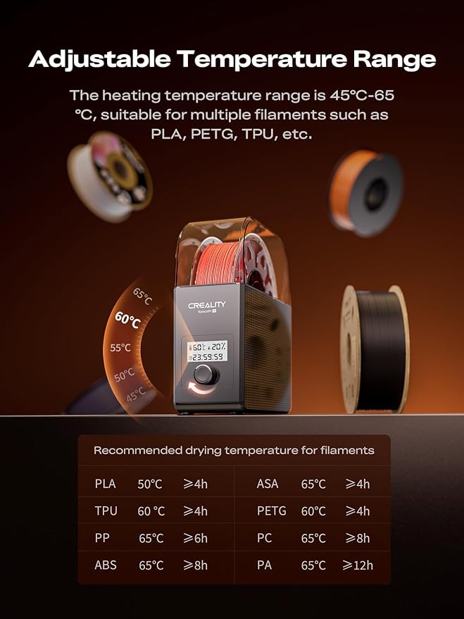 Creality Filament Dryer Box Pro 2026, SpacePi SE Upgraded 65° PTC Heating with Fan, Dust & Moisture-Proof Storage, 3D Printer Filament Spool Holder, Dehydrator for 1.75mm/2.85mm PLA PETG ABS TPU