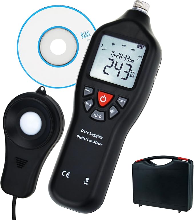Digital Lux Meter 0-200,000 Lux – USB Data Logger for Windows 10/8/7/Vista/XP, 21,000 Memory, Auto-Ranging, Backlit Display, Fc/Lux Switchable, Detachable Sensor