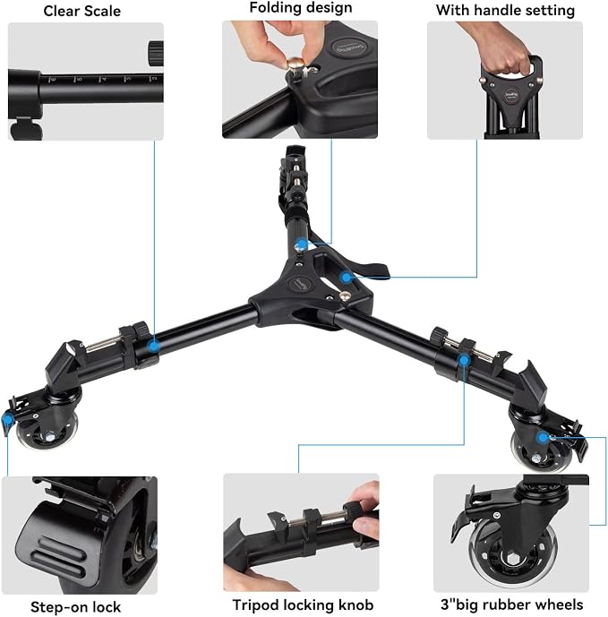 SmallRig Universal Photography Tripod Dolly, Heavy Duty with 3" Rubber Wheels, Adjustable Legs and Carry Bag, 33 lbs Capacity Tripod Wheels for Canon for Sony Cameras Camcorder Video Lighting- 3986