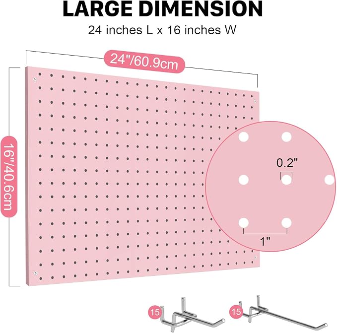 Peg Board, 3 Pack Metal Pegboard Panels Pink Pegboards Wall Organizer with Frame Large Heavy Duty Peg Board with Hooks for Walls Home, Garage Tool Storage, Office, Craft Room, Kitchen 24”×16”
