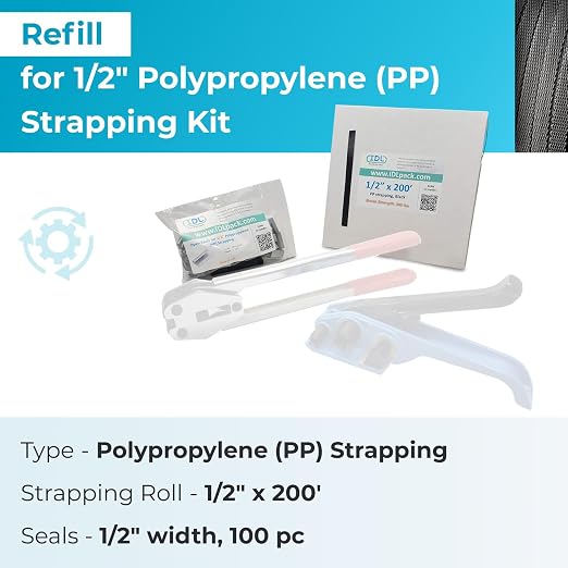 IDL Packaging Refill for Portable 1/2" Polypropylene (PP) Strapping Kits - 1/2" x 200' Polypropylene Strapping Coil with 300 lbs Break Strength and 100 of 1/2" Open Seals