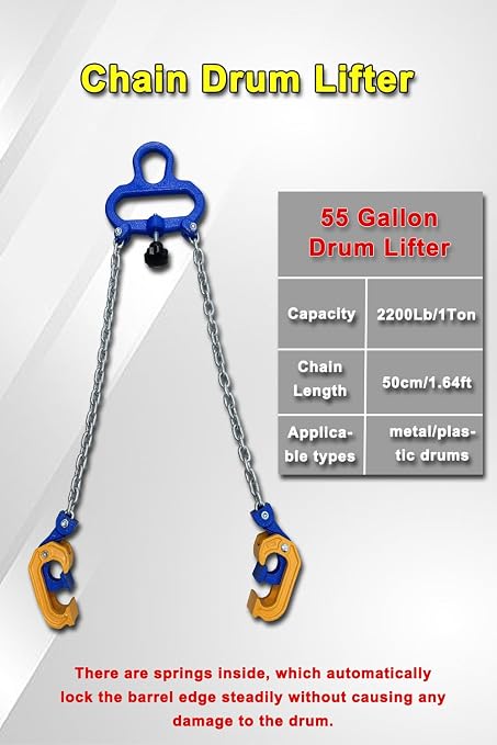 1Ton Barrel Lifting Chain for Plastic & Steel Drums 2204LBS 20in Length, 2 Hooks Chain Drum Lifter Barrel clamp for 30 & 55 Gallon Metal/Plastic Drum Barrel, Fits for Crane, Forklift【1T- 2Hooks】