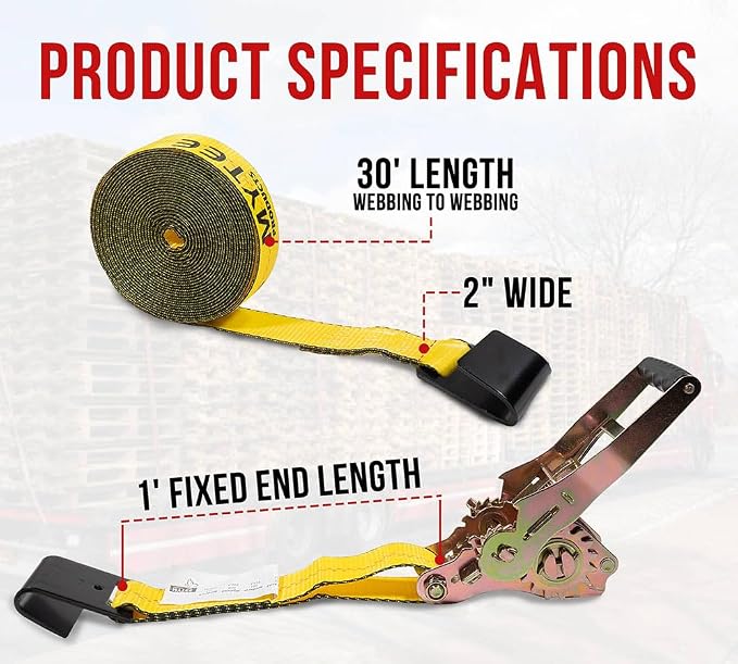 Mytee Products 4 Pack 2" x30' Self-Tensioning Ratchet Tie Down Straps with Flat Hooks - 3,333 Lbs WLL - Heavy Duty Tie Down Ratchet Straps for Flatbed, Truck, Trailers, Cargo, Pickup - Yellow