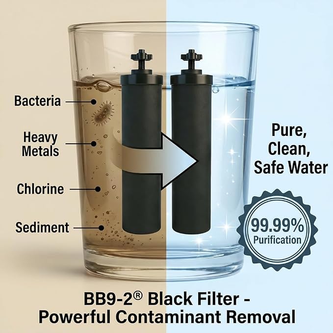 NSF/ANSI 42 Certified Gravity Water Filter Combo - Replacement for Berkey BB9-2 Black Purification Elements & PF-2 Fluoride/Arsenic Reduction Filters, Compatible with Berkey Gravity Filtration Systems