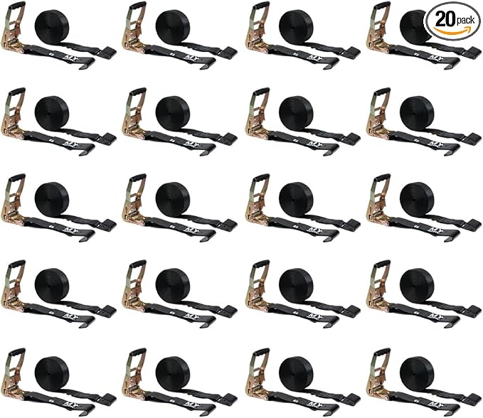 Mytee Products 20 Pack 2" x30' Black Ratchet Straps with Flat Hooks - 3,333 Lbs WLL - Heavy Duty Tie Down Ratchet Straps for Flatbed, Truck, Trailers, Cargo, Pickup