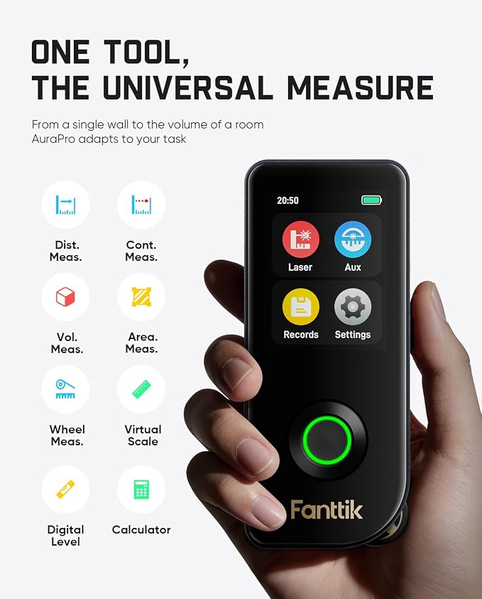 Fanttik A11 Ultra 3-in-1 Laser Measuring Tool, 197Ft Digital Laser Distance Measure with IPS Touch Screen & Side LCD, Wheel Roller & 3-Axis Digital Level, Rechargeable for Home DIY & Indoor Projects