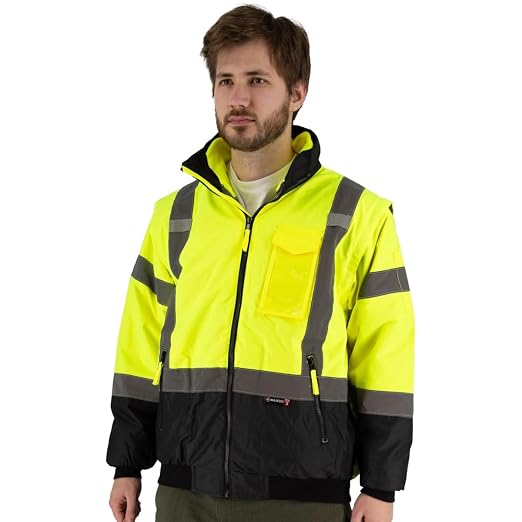 Majestic 75-1383/TL High Visibility Yellow 8-in-1 Waterproof Jacket with High Visibility Liner, Removable Sleeves and Liner, PU Coated Oxford Fabric, ANSI 3 Type R, TL