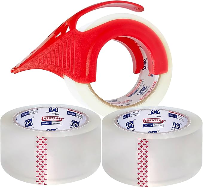 PERFECTAPE Heavy Duty Packing Tape with Dispenser, 3 Rolls, 1.88" x 60Y | Total 180 Yards, Clear, 2.8 mil, Ultra Strong, Refill for Packaging and Shipping