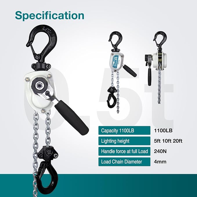 Mini Chain Hoist 1100lb TOYO Manual Lever Hoist 1/2 ton mini Puller 20ft Hand Lever Chain Hoist 6M Come Along Ratchet Lever Block Garages Warehouse Automotive Machinery