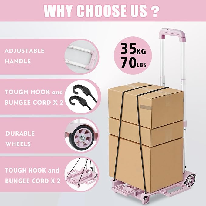 Folding Dolly Pink Hand Cart,Folding Hand Truck Aluminum Trolley,Small Dolly, Foldable Hand Cart 2 Wheel Luggage Trolley Expandable Large Chassis Foldable into Backpack Car Trunk