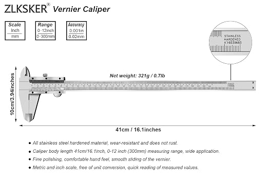 0-12 Inch / 300mm Micrometer Vernier Caliper, Stainless Steel Precision Measuring Tool (Inch/Metric), Depth/Inside/Outside/Step Measurement, 0.001" / 0.02mm