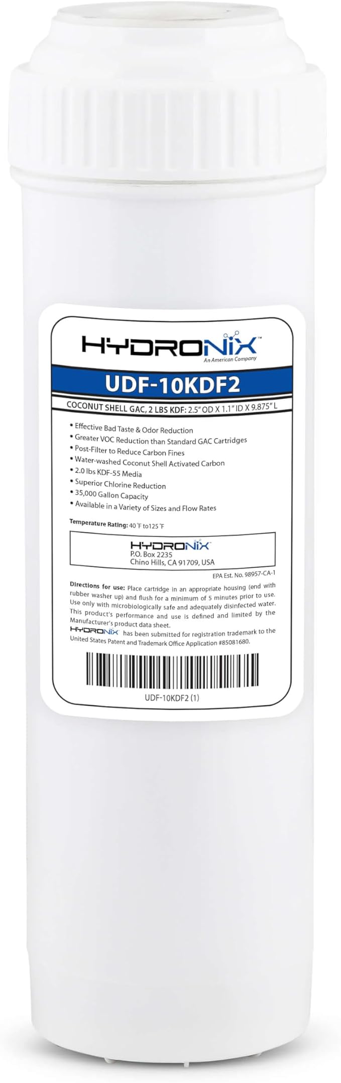 Hydronix UDF-10KDF.5 Chlorine, CTO, Heavy Metals, Bacteria & Scale Reduction Water Filter with 1/2 lb KDF, 2.5" x 10" (2 lbs. KDF Media)