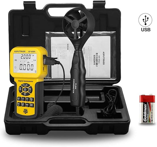 Pro HVAC Anemometer Handheld CFM Meter Wind Speed Meter with USB Data Export to PC Max/Avg/Min Functions for Measuring Wind Speed Air Velocity, Wind Temp AP-856A