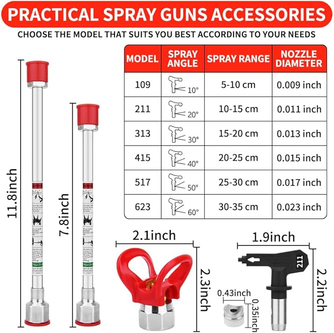 10 Pieces Airless Paint Sprayer Gun Accessory Set Equipped with 2 Extension rods 6 Spray Tips and 2 Nozzle Seats Suitable for Home Renovation .（109, 211, 313, 415, 517, 623）