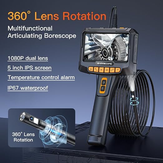 Borescope with Dual Cameras Rotating 360°, 5.0 MP Pixel HD Camera, 5 Inch IPS Screen, 16.5 ft Snake Pipe Inspection Endoscope for Automotive and Aircraft Mechanical Video Inspection Scope