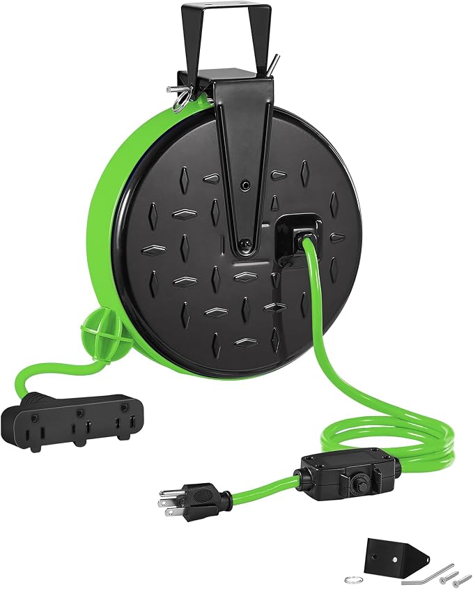 18W LED Work Light and 30 Ft Retractable Extension Cord Reel Bundle, for Garage, Workshop, Car Repair Scene, Garage and Shop Y03WL06-J30CR06