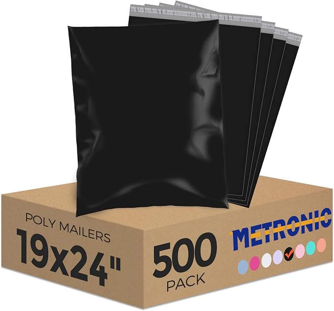 Metronic Poly Mailers 19x24 500PC Large Shipping Bags Envelopes Mailers with Self Adhesive Waterproof and Tear-Proof Postal Bags in Black