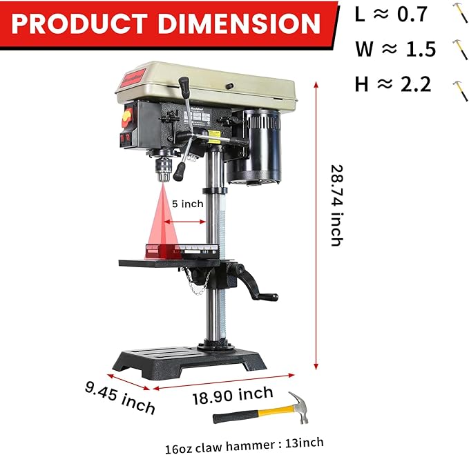 BUCKTOOL 10-Inch Drill Press 6.2 Amp 3/4 HP Bench Drill Press 5-Speed Benchtop Drilling Machine with LED Work Light