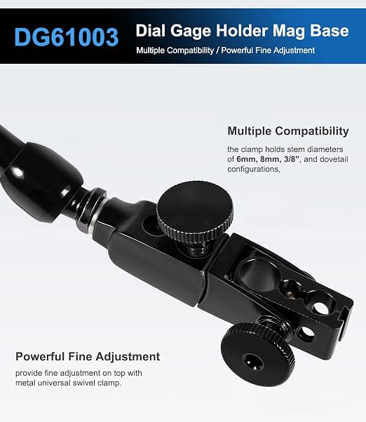 DG61003 Replacement Dial Indicator Magnetic Base Stand, Heavy Duty Magnetic Indicator Holder with Metal Fine Adjustment | Universal Holder for Dial & Test Indicators, 176 lb Magnetic Base, Articulating Arm for CNC Machining Inspection